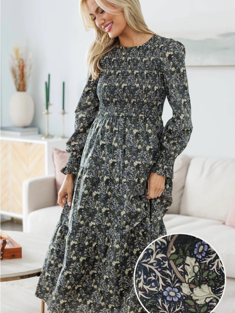 *NURSING* Smocked Floral Long Sleeve Maxi Dress - Green